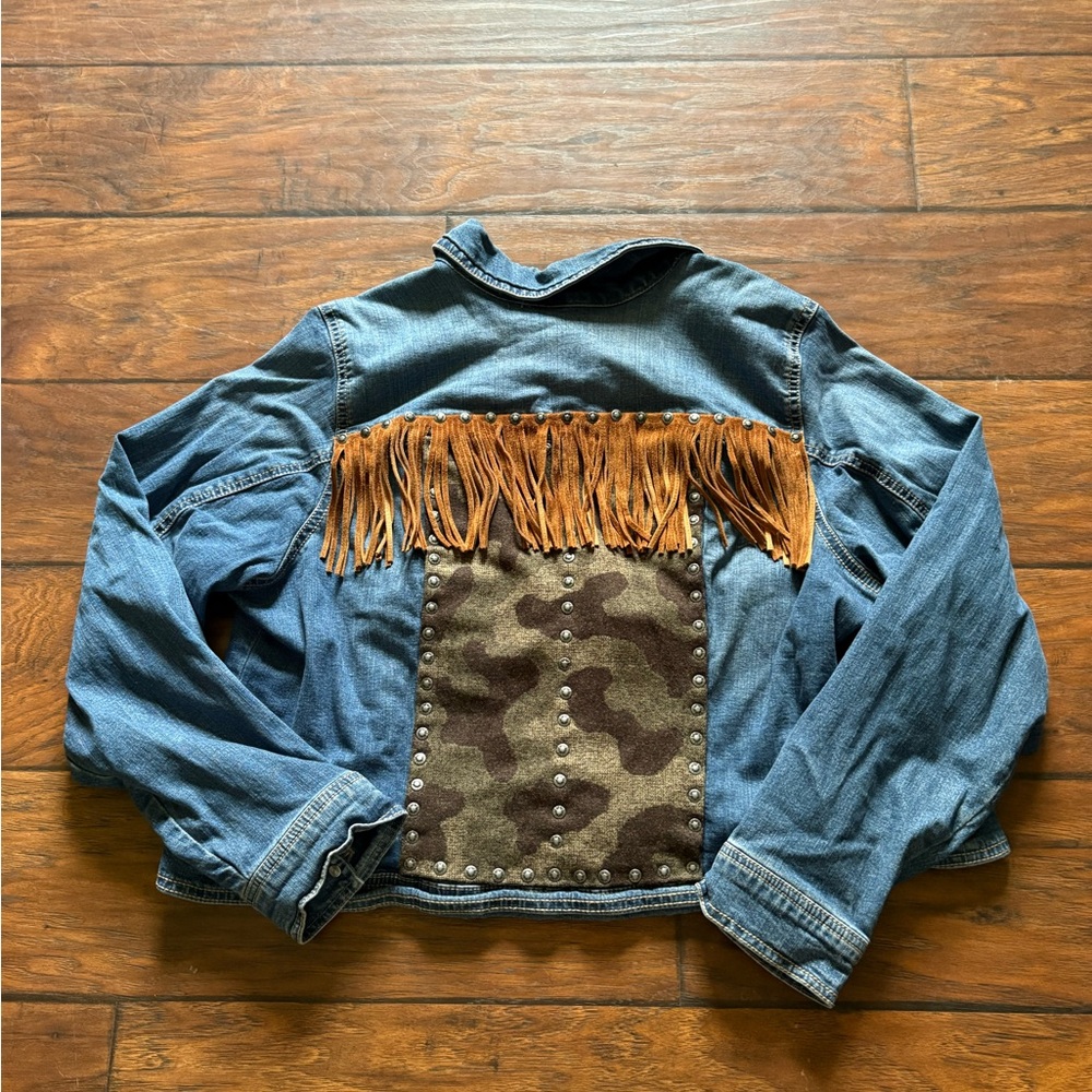 Sonoma Blue Jean Jacket with Orange Fringe and Camouflage Patch
